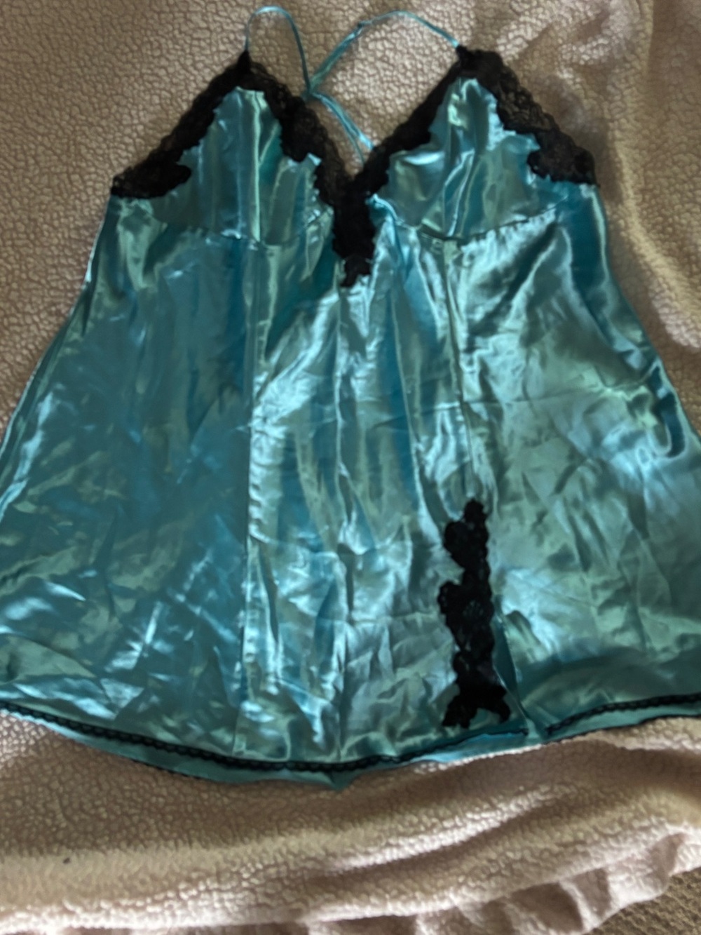 Frederick's of Hollywood Teal Slip with Black Lace Trim